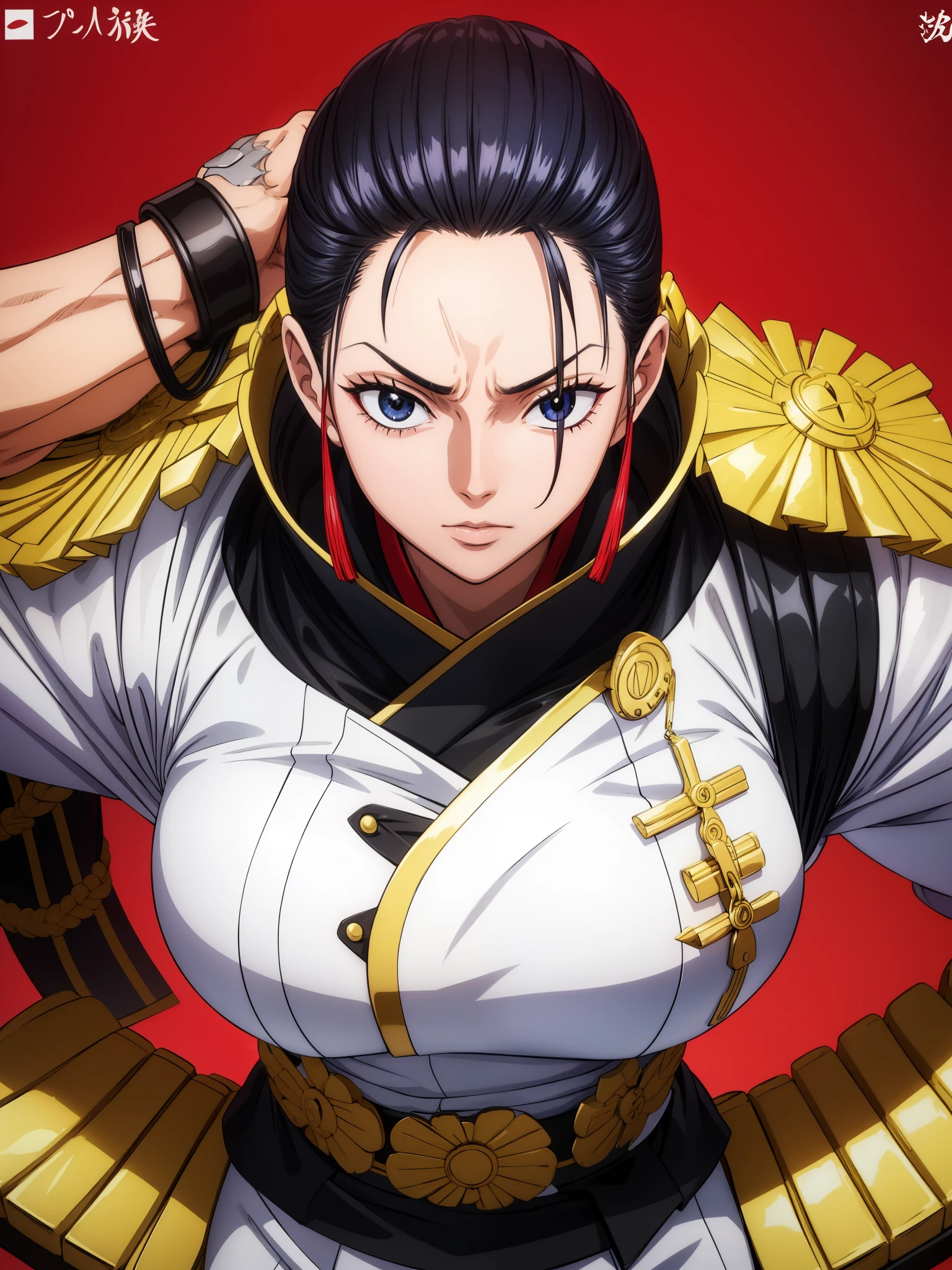 Japan Ground Self-Defense Force、White military uniform、Black、（（（muscle pain）））、（（（muscular big breasted mature woman）））、Gold ornaments、scars all over the body、scars all over the body、