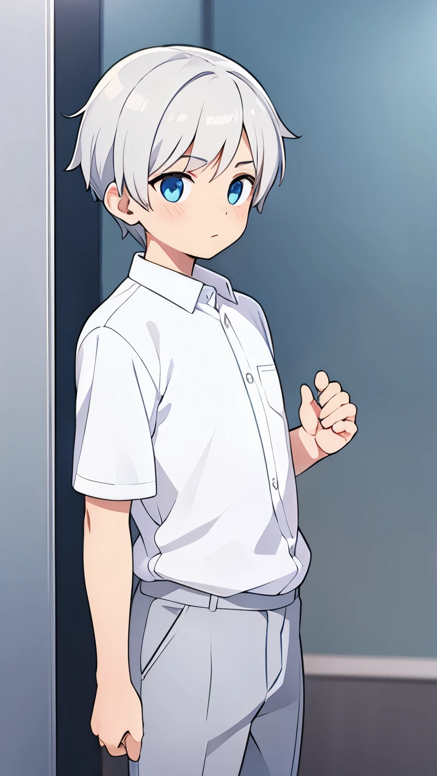 15 year old boy,White short hair,cropped,,blue eyes,White shirt and grey slacks,Character portrait