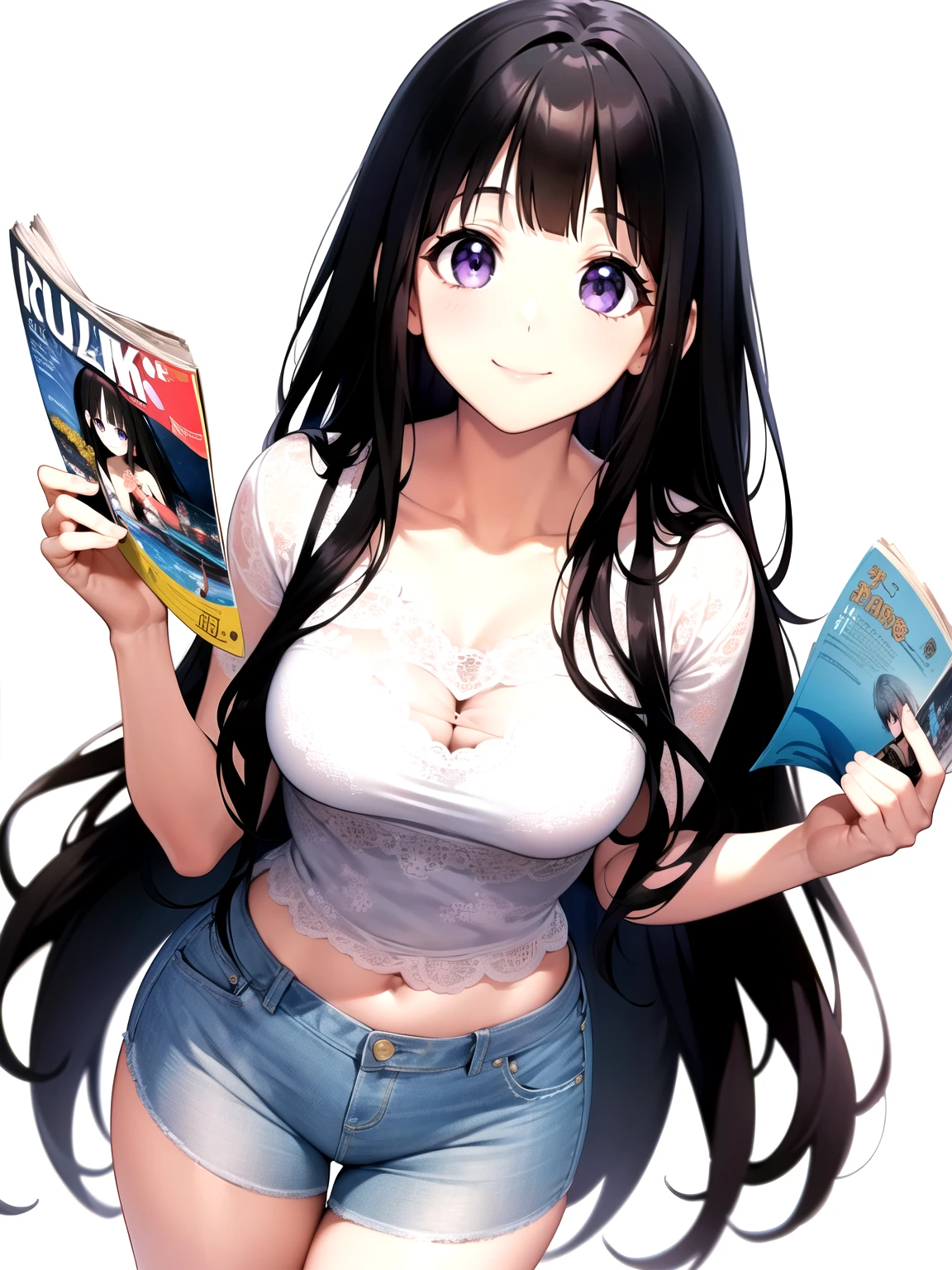 (A superb exquisite Chitanda Eru), (mature face), intricate details, (finely detailed beautiful eyes: 1.2), purple eyes, long black hair, natural straight hair, straight bangs, solo, [Small_breasts: large_breasts: 0.5], extremely delicate, peerless beautiful girl, dreamy quality, solid color, bright lips, slender waist, straight curves, soft lights and shadows, super fine, 8K HD, (masterpiece:1.4), (((timid smile, holding magazine, reading a magazine, white background, looking at viewer, casual clothes, fashion pose)))