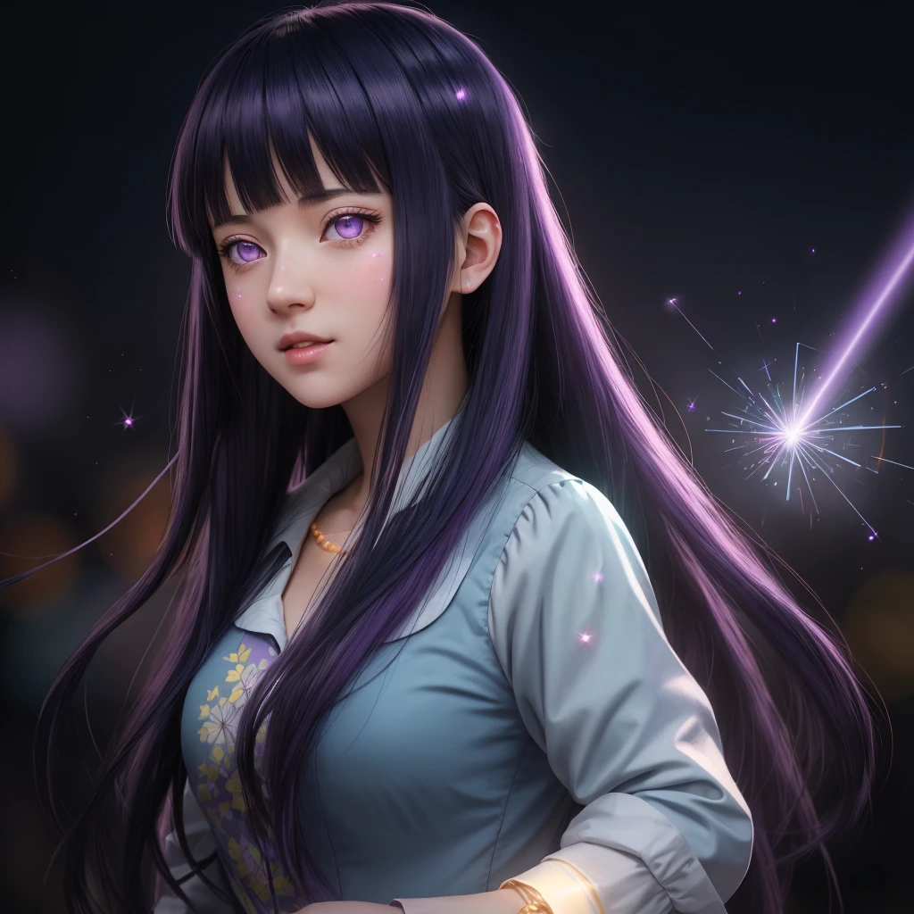 (best quality, masterpiece:1.2),ultra detailed,(photo realistic:1.4),solo,cute girl,(colorful illumination:1.1),light_particles, summon,on hand,luminescence_circle_background,Blunt Bangs, purple eyes, long dark blue hair
