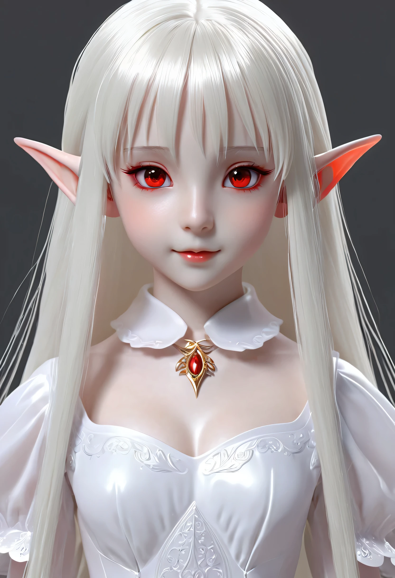 10 year old girl,Milky white long hair,Red Eyes,Breasts bigger than her face,((3D anime style)),Elf,translucent clothes,