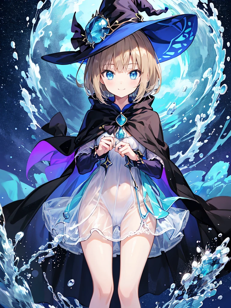 Anime character, a girl with short/bob (light brown hair) wearing a colorless and transparent witch costume, a prismatic deep sea blue witch hat and cape,gentle smile,