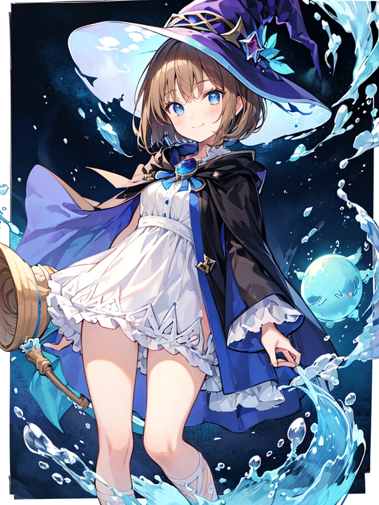 Anime character, a girl with short/bob (light brown hair) wearing a colorless and transparent witch costume, a prismatic deep sea blue witch hat and cape,gentle smile,