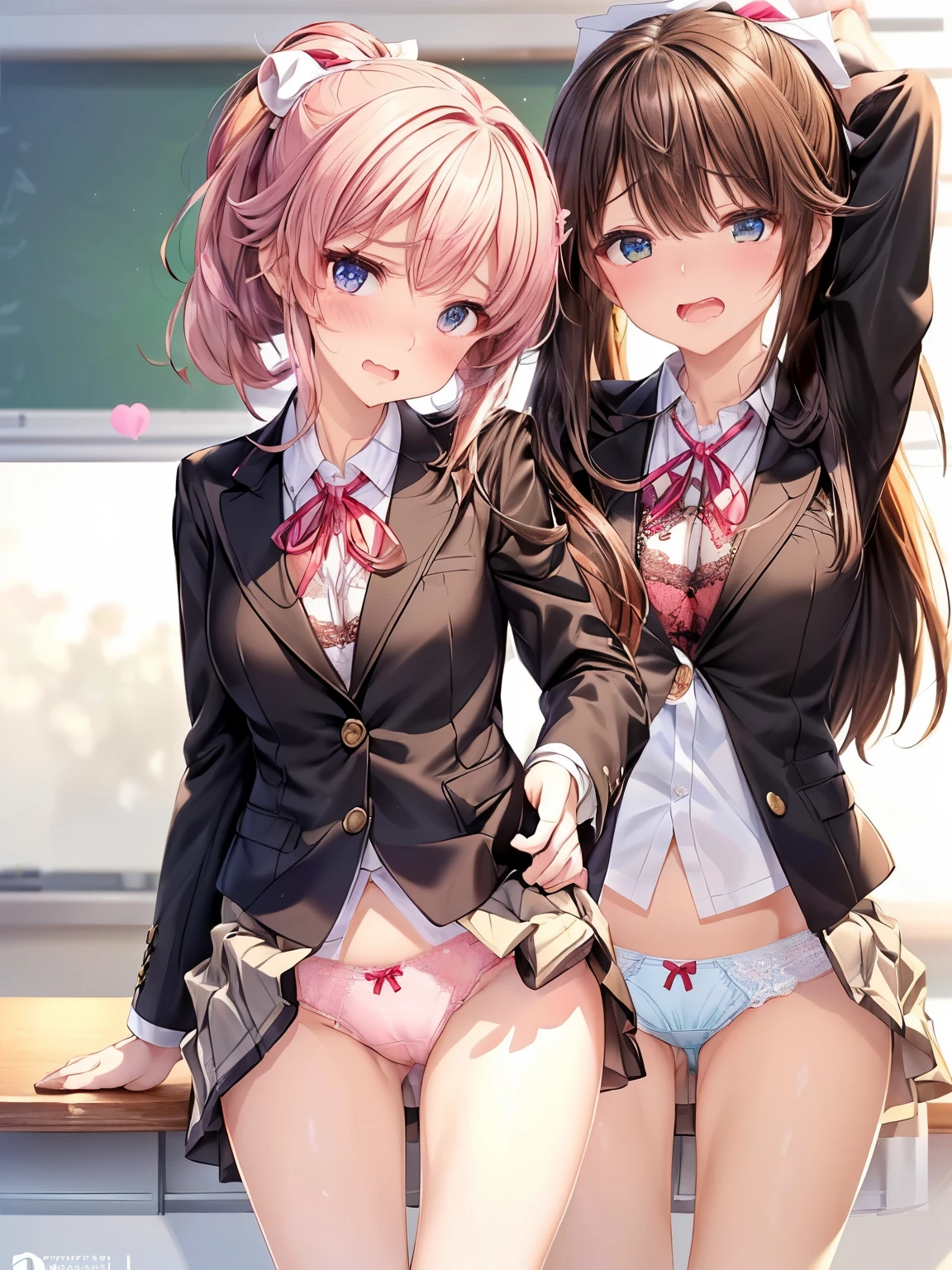 ((One Womanはスカートを手で持ち上げてパンティを見せている:1.4), (One Woman:1.2), ((highest quality)), (Very detailed), (Very detailed CG 統合 8k 壁紙), Very detailed, High resolution RAW color photos, Professional photography, (Beautiful big breasts), brown hair, ponytail, Great face and eyes, Slender body, (amazingly beautiful woman) (School classroom,During class:1.3), (Idol Style , (Open blazer:1.2), White shirt, check skirt, (Red ribbon at collar:1.1)) , (I flip up my skirt myself, Small area panties, Pink stylish lace panties with embellishment:1.4), Exact number of arms, Exact number of legs, Perfect Anatomy, (Embarrassed expression, turn one&#39;s face to the side, White Breath), Angle from right diagonally forward,(Holding the skirt in the hands:1.5)