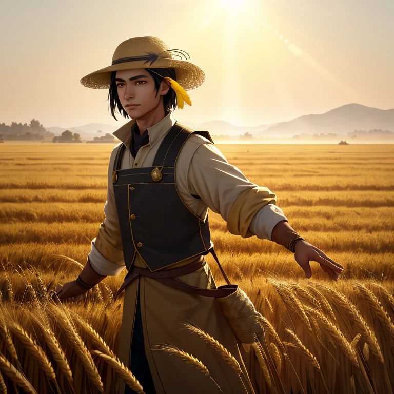 Amidst a vast expanse of golden wheat fields, a realistic humanoid pato figured prominently, clad in a rustic outfit reminiscent of a earthly farmer. The pato's feathers were intricately detailed, their natural textures meticulously mimicked to resemble real feathers - a testament to the artist's skill.

Sunlight filtered through the golden wheat, casting elongated shadows that wrapped the pato in a warm, golden glow. The ambiance was tranquil and serene, blending the pastoral charm of the wheat fields with the unique character of the pato.

The pato's expressive eyes gleamed with a gentle