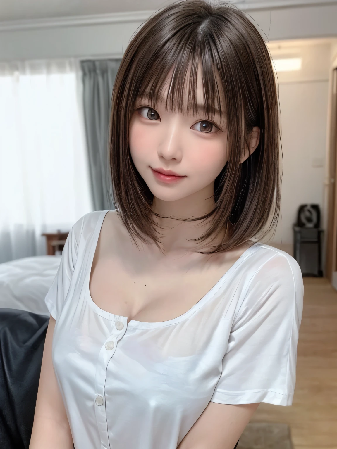 (8k、highest quality、masterpiece:1.8、bangsのあるショートボブヘア:1.8)、(Genuine、Genuineistic:1.5)、Very detailed、1 girl、cute、alone、Sitting、 (Beautiful face in symmetry、Beautiful face with golden ratio、smile:1.15)、(Mouth closed)、big chest、Looking into the camera、Looking into the camerachest元、Beautiful and beautiful eyes、big, Round eyes、Transparent double eyelids、eyelash、lips、(White shirt:1.6)、(short hair:1.2)、Very black hair:2、bangs、Light brown eyes、Long neck、smile、shut up.、cute face、Genuineistic skin types、Genuineの質感、Unbutton、淡いピンクのlips、There&#39;s Genuinely no background、Genuinely pure white background、28 years old,Natural light、上lipsが厚くない、Hands are lowered、(({Huge|big|Hugeな|Mega} chest:2, chestの谷間:2、beautiful decollete))