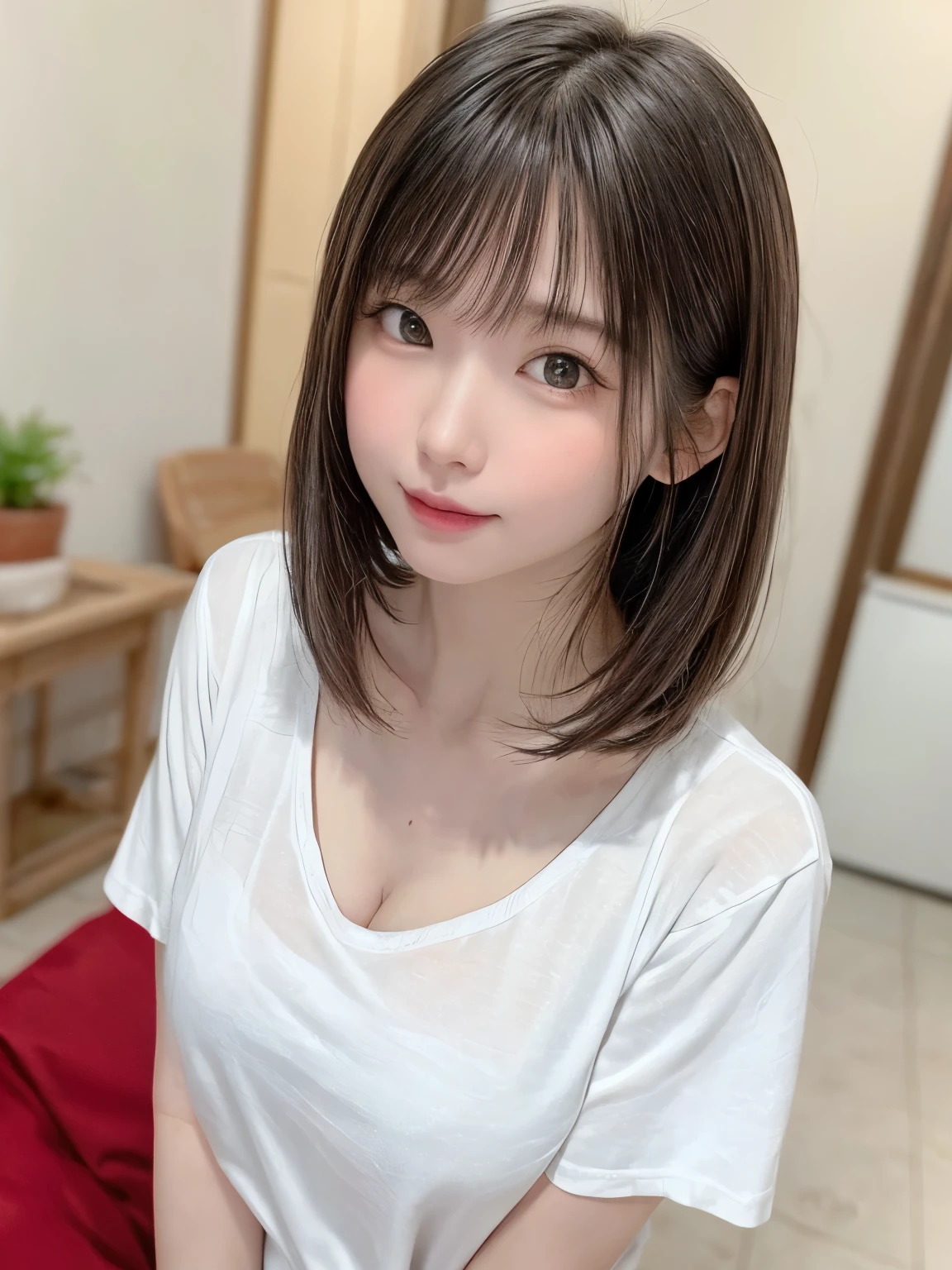 (8k、highest quality、masterpiece:1.8、bangsのあるショートボブヘア:1.8)、(Genuine、Genuineistic:1.5)、Very detailed、1 girl、cute、alone、Sitting、 (Beautiful face in symmetry、Beautiful face with golden ratio、smile:1.15)、(Mouth closed)、big chest、Looking into the camera、Looking into the camerachest元、Beautiful and beautiful eyes、big, Round eyes、Transparent double eyelids、eyelash、lips、(White shirt:1.6)、(short hair:1.2)、Very black hair:2、bangs、Light brown eyes、Long neck、smile、shut up.、cute face、Genuineistic skin types、Genuineの質感、Unbutton、淡いピンクのlips、There&#39;s Genuinely no background、Genuinely pure white background、28 years old,Natural light、上lipsが厚くない、Hands are lowered、(({Huge|big|Hugeな|Mega} chest:2, chestの谷間:2、beautiful decollete))