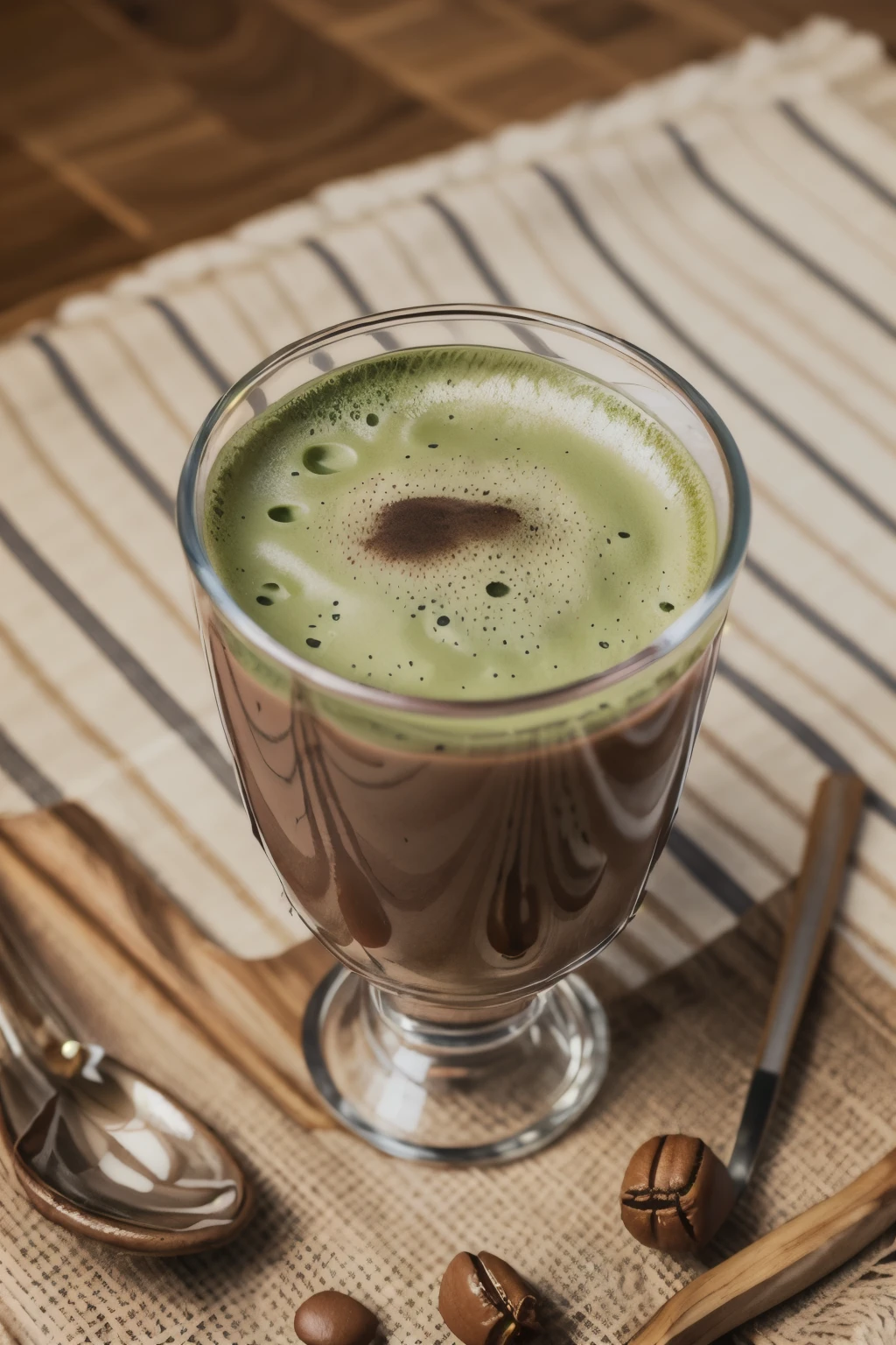 yummy glass with coffee & matcha, beautiful light, studio light, masterpiece, warm colors, color grading