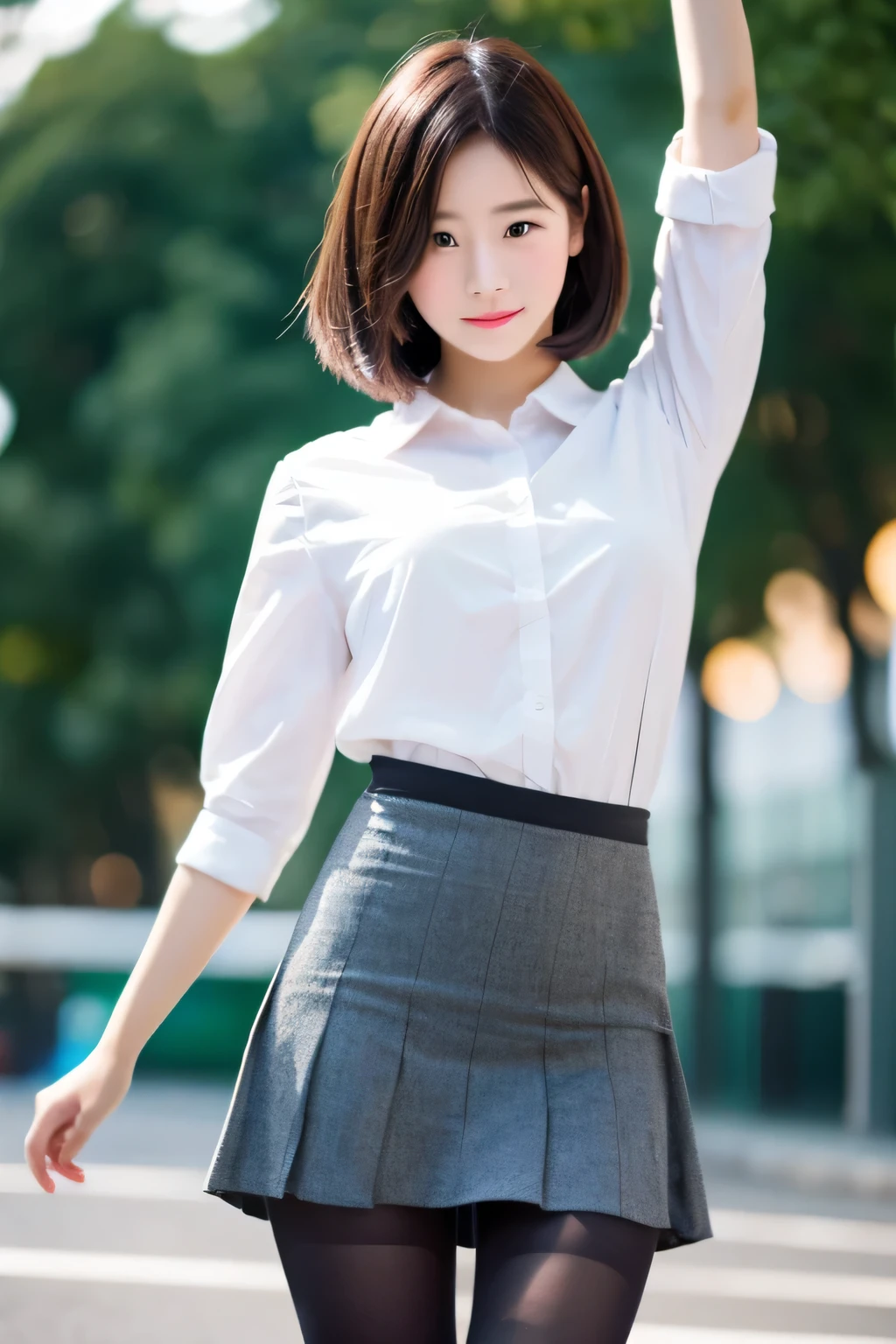 One girl, (View your viewers), (Bokeh:1.1), Lips parted,Expressionless, Realistic, Raise your arms, tights, skirt, skyline, Realistic,
15 feet below the thigh、Shortcuts