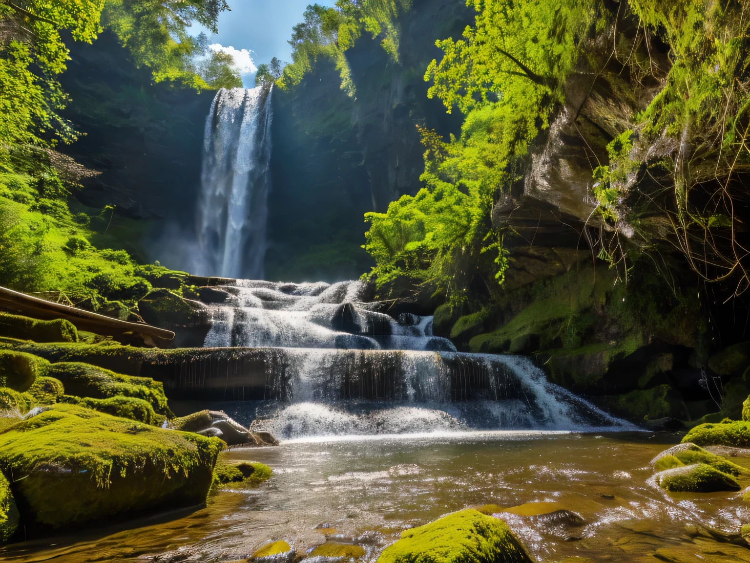masterpiece,highest quality, Very detailed,8k,(((Very big waterfall))), Nice views ,Outdoor,Mountain,summer,Composition looking up from below
