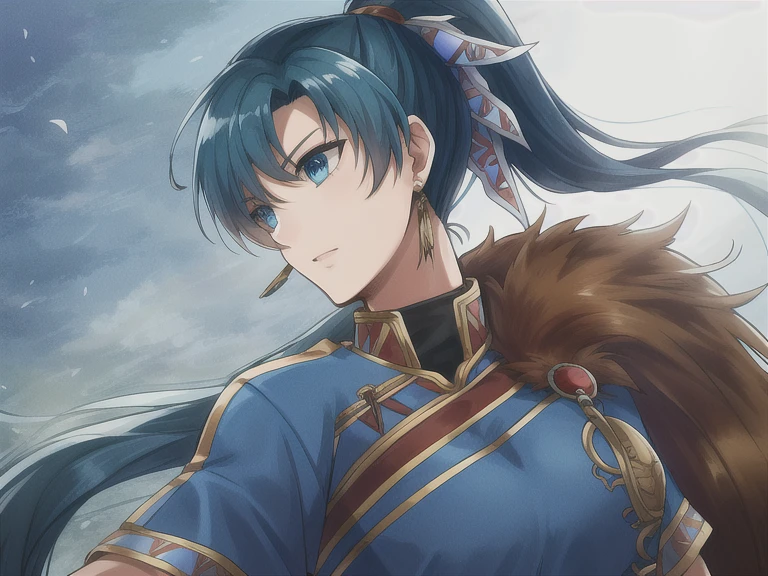  standing, solo, Blue_dress_side_slit_Pelvic_curtain_Sash_Short_sleeves_Belt_Blue_armor_Fur_trim,, masterpiece, best quality, detailed face, detailed eyes, highres,