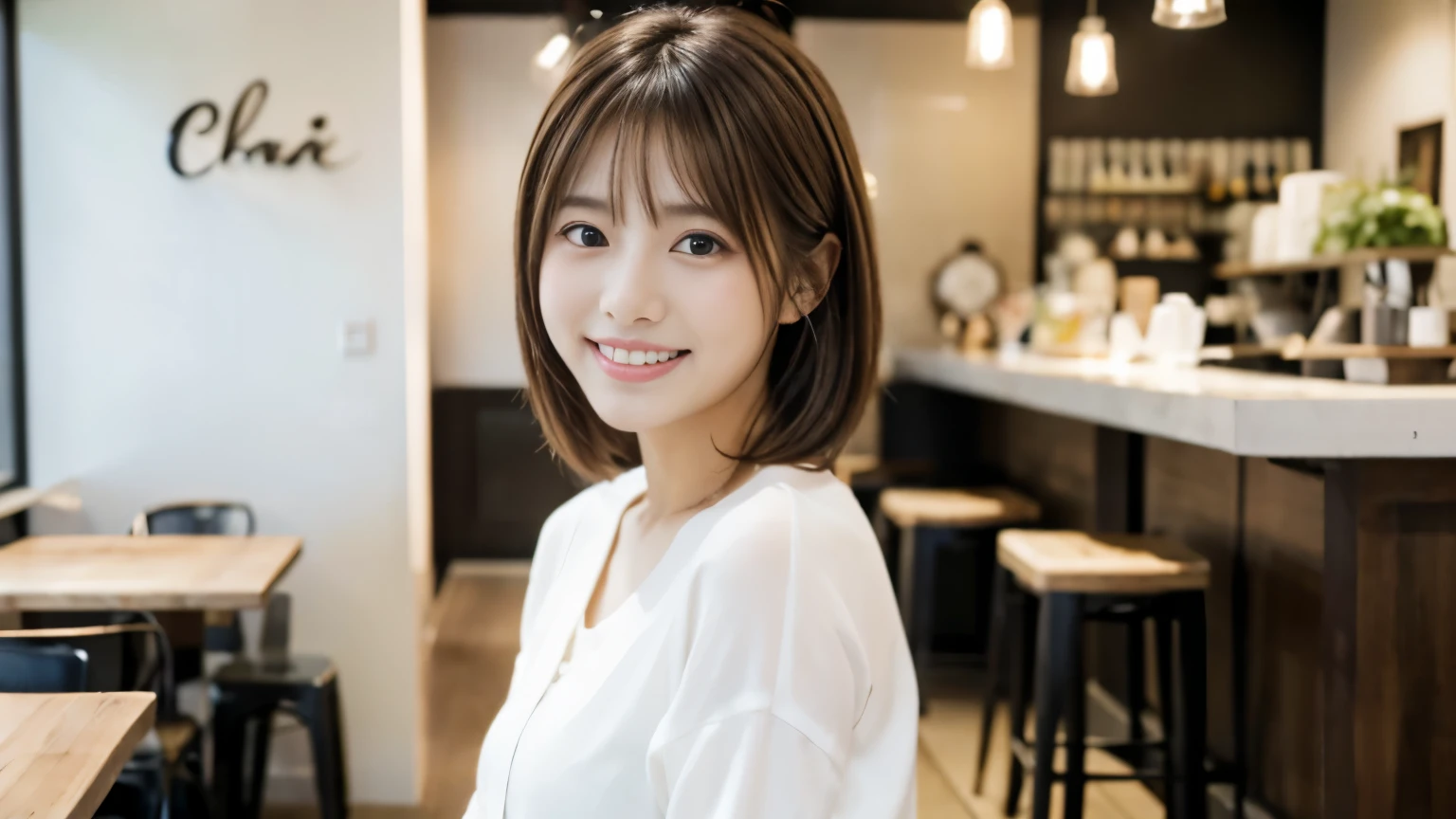 Young Japanese Woman, 30th generation, White Background, Stylish cafe interior background, white brown hair, thin, 4K, 8k, high quality, beauty, smile, Beautiful Eyes, Characterized by simplicity, High resolution,1 person,clean clothes
