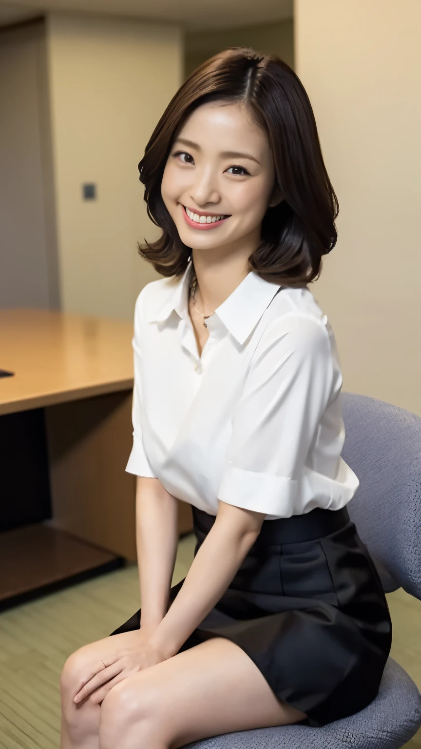 1 Japanese female,OL、office、Mid Shot、Shiny skin,smile、愛らしいsmile、Laughing with your mouth open、officeの服装、Black Hair、White collared blouse、Large bust、Tight Skirt、mini skirt、Black Hair、pumps,highest quality,Very delicate and beautiful 8K,Very high resolution,,Beautiful detailed girl,Realistic、officeの中、officeのSit on a chair、Beautiful appearance、Sit on a chair、