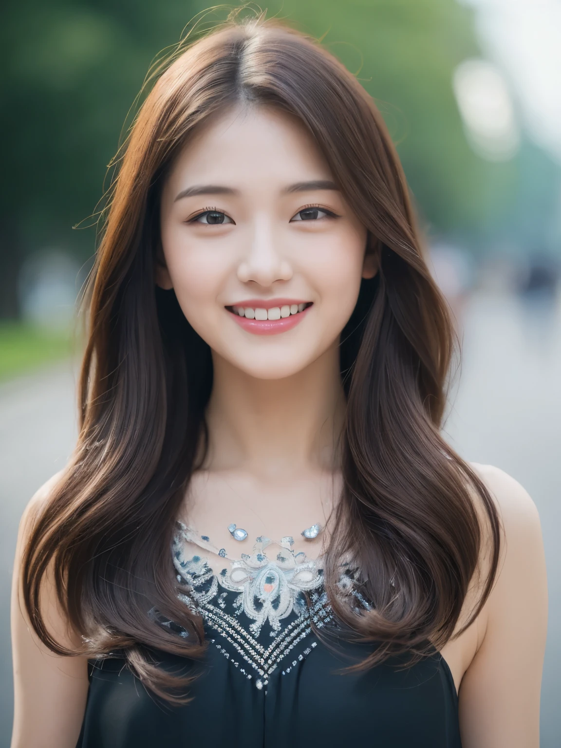 ((Best quality, 8k, Masterpiece :1.3)), 1girl, smiling, full body, slim face, Pretty woman, (Dark brown hair), full length dress :1.1, Ultra-detailed face, Detailed eyes, Double eyelid, blur background, slim face, city, outside, street, Random body direction, full body shot, Shooting from a long distance,