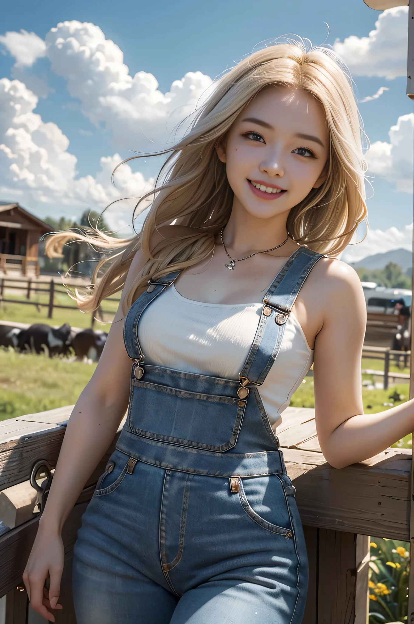 highest quality, Ultra-high resolution, masterpiece, Photorealistic: 1.8), pore, Accuracy, ranch, horse、 High and wide, White clouds overhead, sky, face is in the center of the screen, denim overalls, Sleeveless shirt、Small breasts, pale light, young woman, 、Blonde、Blue Eyes、short hair、 smile, Laugh happily、hold pitchfork in hand、Open your mouth、White teeth、glimpse of the chest, Detailed Description, cute,Girl and cow、Cowherd Girl、