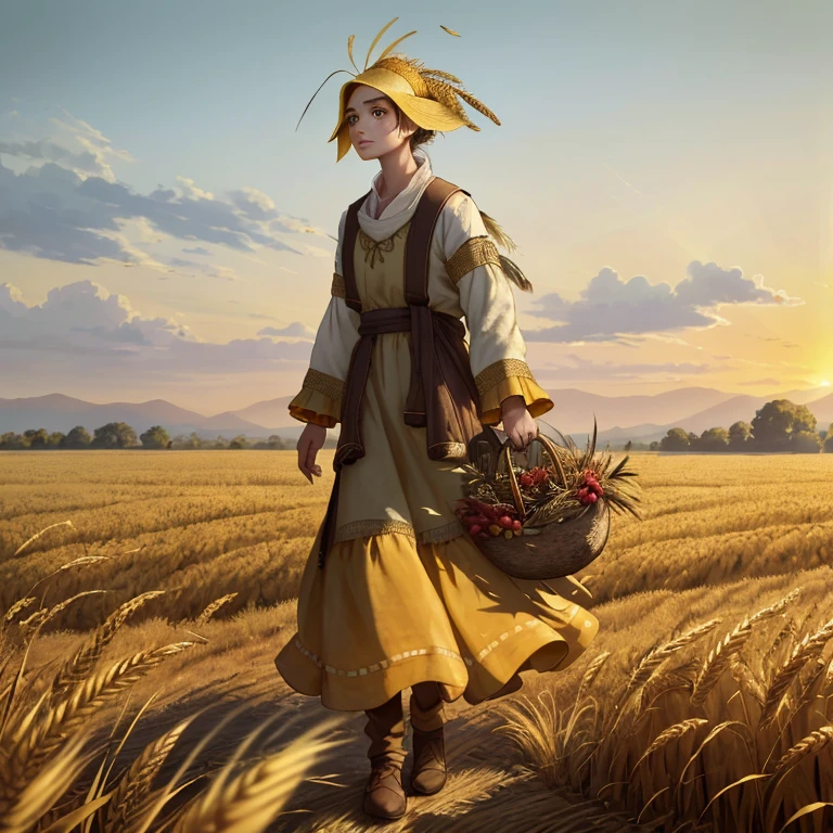 Behold a captivating image of a humanoid pato, adorned in a rustic farmer's attire amidst expansive golden wheat fields. Its feathers are intricately detailed, displaying natural textures as if mimicking the real thing, with sun-kissed hues that resonate the essence of nature.

The sunlight filters through the cornstalks, casting long, soft shadows that dance upon the ground, creating a warm, golden ambiance. The gentle breeze plays a symphony of rustling leaves, creating a soothing soundscape that blankets the scene.

The pato's expressive eyes, teeming with a gentle, friendly gleam, convey