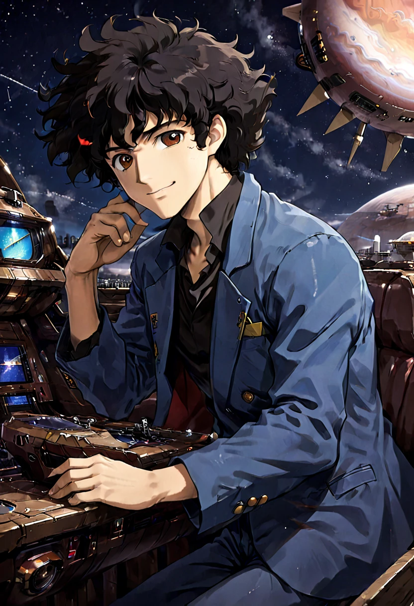 1boy, Spike Spiegel, Cowboy Bebop, brown eyes, smile, black hair, cbbebop, cbbebop spaceship, retro artstyle, 1990s (style), oldest, (masterpiece), (best quality), (ultra-detailed), very aesthetic, illustration, disheveled hair, perfect composition, moist skin, intricate details