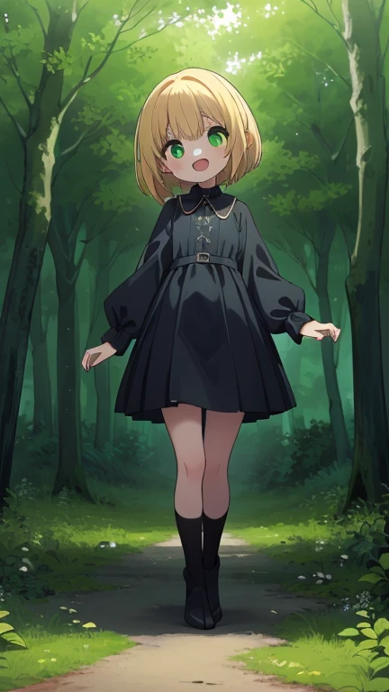 (highest quality), 1 Girl, :d, Head tilt,((Eerie Dark Forest:1.6)),(((Full Body:1.3))),(((((Cute clothes))))),Short Hair,Blonde,Green Eyes,Walking through a dark forest,It&#39;s a very scary forest,