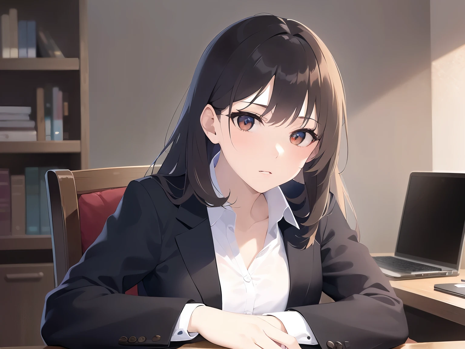 Upper Body, Realistic, real person, (pale skin: 1.2), RAW photo, photorealistic, portrait photography, shiny skin, shiny hair、(25 year old woman with medium hair with bangs) and (wavy hair) and (brown hair) and (orange eyes) , (Wearing a business suit:1.5) and (Wearing a white collared shirt)、Serious expression, The background is the office、Alone、Sitting、