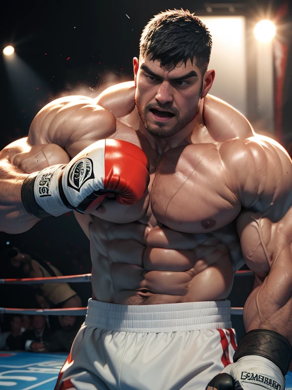 3D Photorealistic, Masterpiece realistic, best high quality, perfect details, RAW Photo, intricate details, nice lighting, 4K, detailed background, In the championship boxing match, A determined muscular boxing champion 45-year-old man, perfect wrinkle wearing pure white boxing trunk and red boxing gloves. He has been beaten badly by his opponent, his muscle body are full of bruises and bloods (Bruises:1.7)(Bloods:1.7). Bloods and saliva are pouring from his mouth.