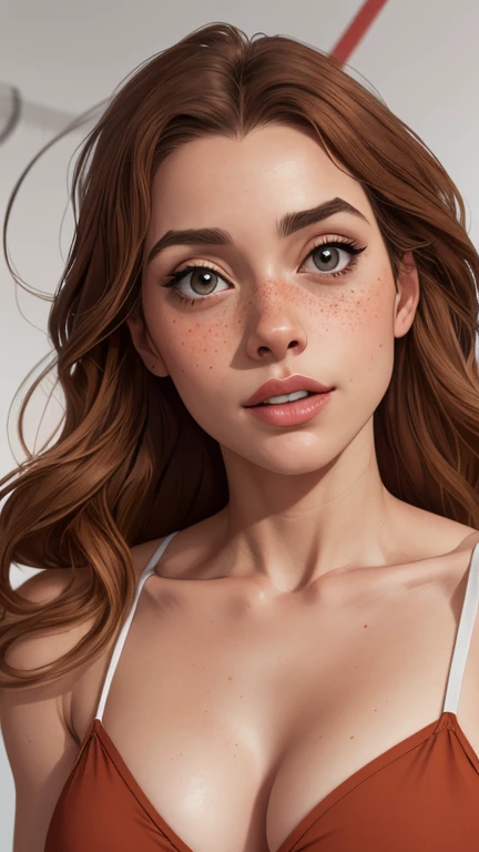Character style illustration style Completely bare breasts showing small fear Breast size Cartoon name: Isabella Cruz white background medium breasts freckled face Hermione Granger actress strong contours Physical description - long straight hair, tingidos de um marrom vibrante que contrasta com sua pele clara. - You reflect a mix of curiosity and determination. - Ela tem uma estatura alta, with a slender and agile figure, evidenciando sua agilidade e destreza. -fundo colorido Design de personagens de retrato, beautiful digital illustration, retrato de alta qualidade, Arte em quadrinhos, Corpo inteiro sensualizando ou pelada. folha de retorno. return sheet member clothes of the day hell day expression love wearing sadomasochistic clothes