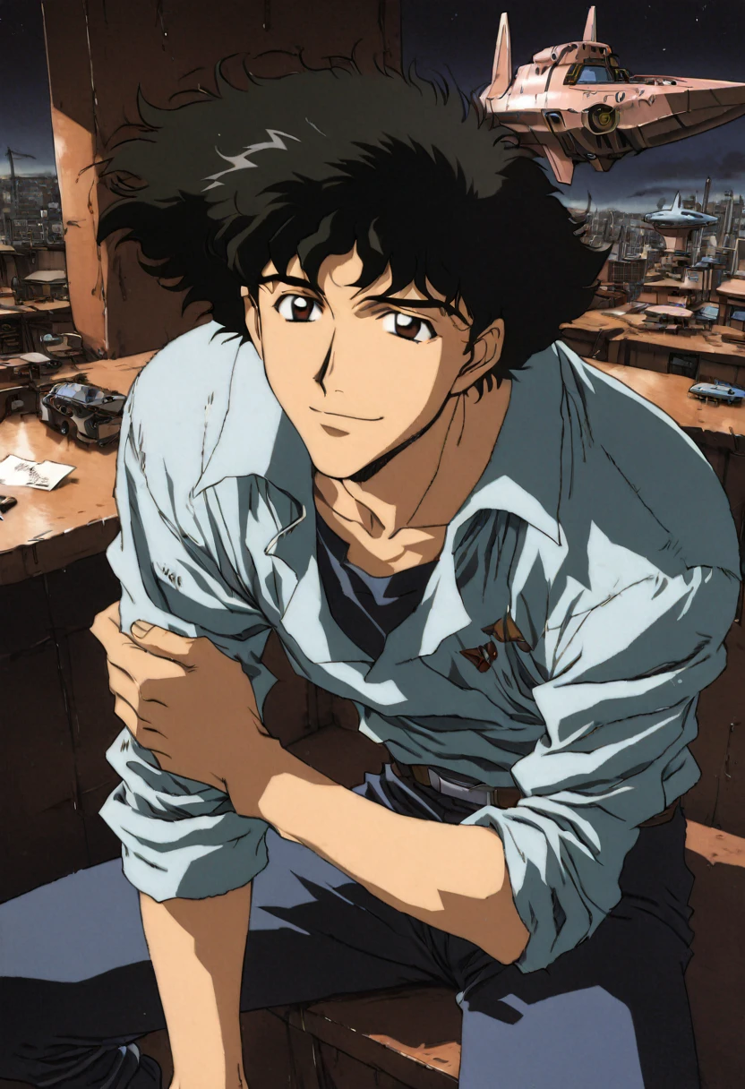 1boy, Spike Spiegel, Cowboy Bebop, brown eyes, smile, black hair, cbbebop, cbbebop spaceship, retro artstyle, 1990s (style), oldest, (masterpiece), (best quality), (ultra-detailed), very aesthetic, illustration, disheveled hair, perfect composition, moist skin, intricate details