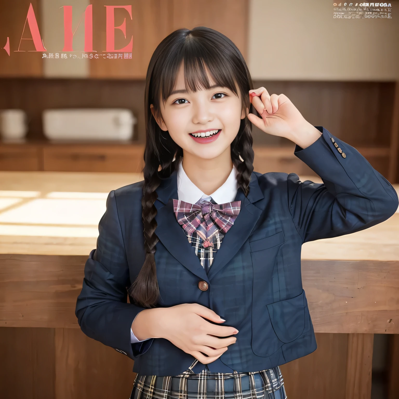 (highest quality、masterpiece:1.2)、highest quality、Realistic、photograph、High resolution、1080p、8K、The face is especially pale., Physical Rendering、((Height: 160cm)), one Japanese girl、((((((A 16-year-old succubus in the form of a beautiful Japanese magazine fashion model)))))), ((((((They try to captivate and dominate the viewer with their beauty.)))))), School uniforms worn by popular models, (((big very detailed beautiful dark brown eyes))), ((blue girly large wine-red glossy polyester Japanese school ribbon bow tie)), (((black very beautiful and very very long braids or very very long hair))), ((((deep blue colored tartan checkered formal long pleated blue pleated skirt)))), ((A unpatterned formal dark blue blazer in solid that is slightly oversized and has an emblem on the left chest.)), (((((((laughing at me!))))))), Mouth open, The large blazer and skirt are very cute., detailed fingers, ((curled bangs)), Very beautiful succubus, ((Very large and very very very cute eyes of a Japanese girl, drawn with great care and attention to detail.)), double eyelids, Thin eyebrows, ((drooping eyes)), (((very long eyelashes))), ((cute lovely lovely laughing laughing cheeks)), ((Pure white light hits her face from above and in the front, making her skin and eyes shine beautifully.)), ((Strong light hits the nose and cheeks、It brings out the richness of the expression.)), (((((Her facial features are very expressive lovely smile, very very pure, very very intelligent.))))), ((tilting one's head)), ((The background is the altar of the succubus temple.))