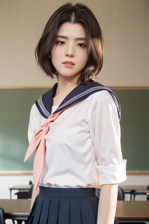 photorealistic, (masterpiece, best quality:1.2), 1girl, solo, sitting on school chair, (cross legs:1.3), school desk, classroom, sailor uniform, sailor collar, short sleeve, red ribbon-tie, pleated mini skirt, flat chest, short hair,
