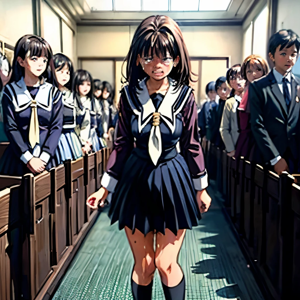 (((inside the skirt))), (), concept, Peeing, myself Peeing, Wet, Wet, having to Pee, having to Pee, having Pee stains, there is a Pee stain on a black pleated skirt, Ashina Ashida, One Girl, ((((Crying face)))), (Black Sailor Suit), Big pink hair ribbon, Pee, Pee漏らして, Wet, Wet self, Long Bangs, Black Hair, Embarrassing, blush, Brown Loafers, (((I was standing in line with a large group of new students at the church during my junior high remony.))), (Navy blue sailor suit), White socks, Black Hair, (Lift up your skirt with your hands), (Wearing a white cotton diaper),