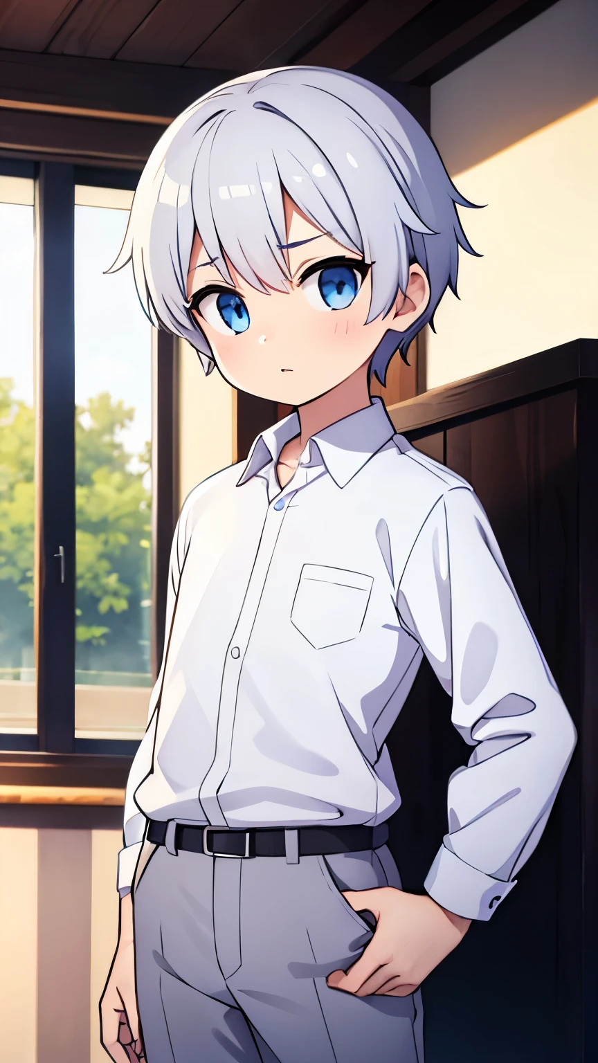 15 year old boy,White short hair,blue eyes,White shirt and grey slacks,Character portrait
