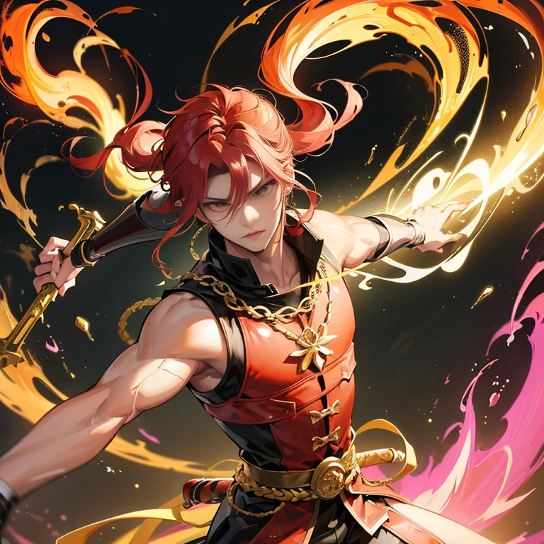 Purgatory Anjuro's Closest Up, a Digital Art masterpiece by Isawa Kenjiro, now trending on Shutterstock. The golden Anjuro, radiantly shining against a light background, showcases an anthropomorphic deity of purgatory. His whole body image exudes overwhelming dynamism, surrounded by golden flames that dance around arcs of fire, reminiscent of Dio's inferno. In this key anime art, Anjuro is proudly displayed with a demon slayer's sword and fire, reflecting his demon-slayer art style and handsome appearance. This official character art is captured in Ultra HD Picture Mode and 8K quality, ensuring