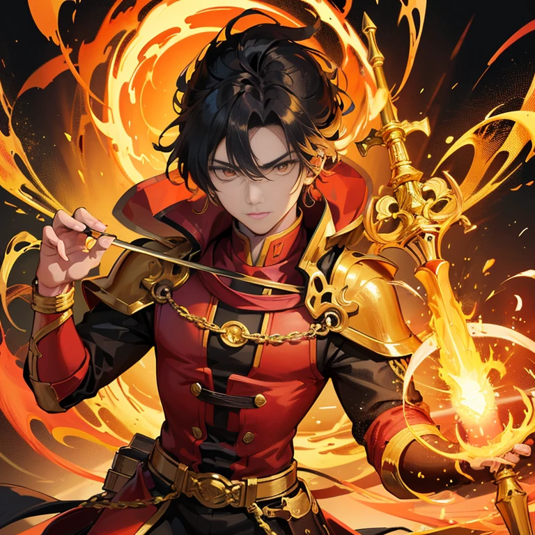 Purgatory Anjuro's Closest Up, a Digital Art masterpiece by Isawa Kenjiro, now trending on Shutterstock. The golden Anjuro, radiantly shining against a light background, showcases an anthropomorphic deity of purgatory. His whole body image exudes overwhelming dynamism, surrounded by golden flames that dance around arcs of fire, reminiscent of Dio's inferno. In this key anime art, Anjuro is proudly displayed with a demon slayer's sword and fire, reflecting his demon-slayer art style and handsome appearance. This official character art is captured in Ultra HD Picture Mode and 8K quality, ensuring