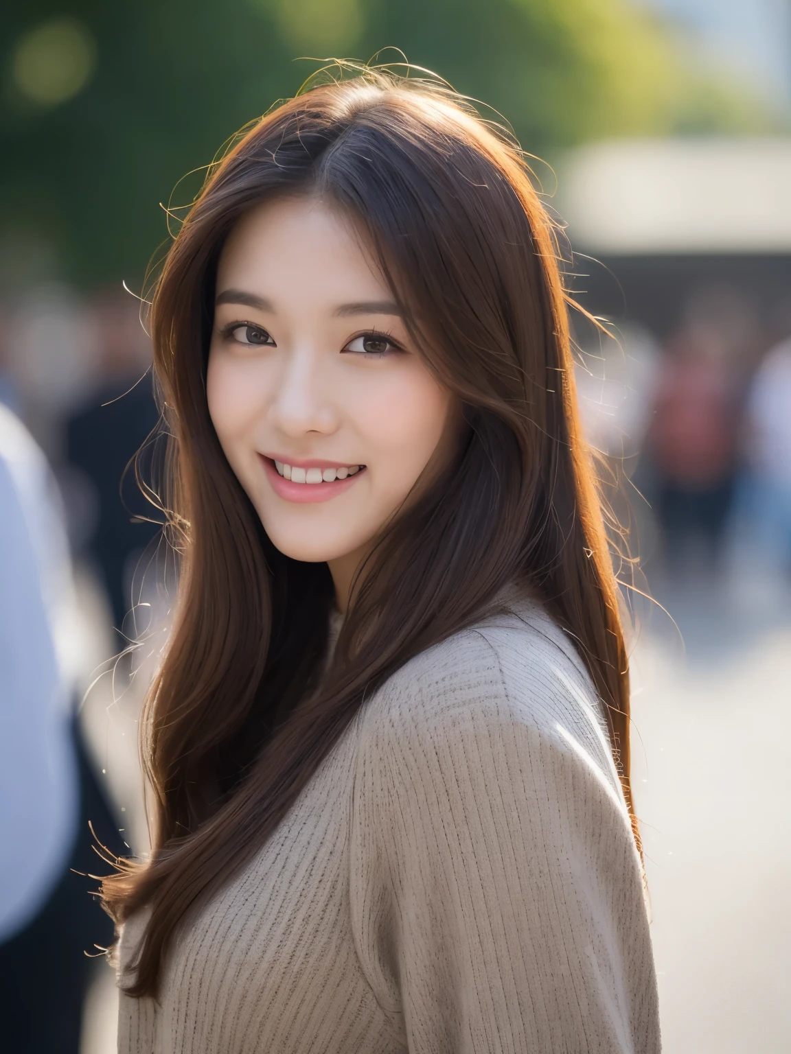((Best quality, 8k, Masterpiece :1.3)), 1girl, smiling, full body, slim face, Pretty woman, (Dark brown hair), full length dress :1.1, Ultra-detailed face, Detailed eyes, Double eyelid, blur background, slim face, city, outside, street, Random body direction, full body shot, Shooting from a long distance,