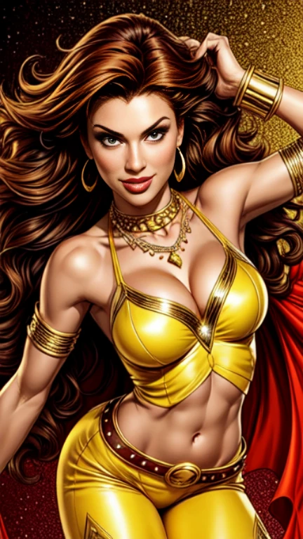 1woman 30year old, solo, long curly hair, looking at viewer, navel, cleavage, bare shoulders, detailed eyes, shy smile,jewelry, medium breasts, earrings, midriff, belt, bodystocking,necklace, bracelet, lips, armlet, ((dynamic pose)), ((dynamic angle)),