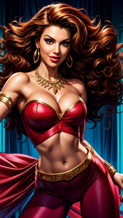 1woman 30year old, solo, long curly hair, looking at viewer, navel, cleavage, bare shoulders, detailed eyes, shy smile,jewelry, medium breasts, earrings, midriff, belt, bodystocking,necklace, bracelet, lips, armlet, ((dynamic pose)), ((dynamic angle)),