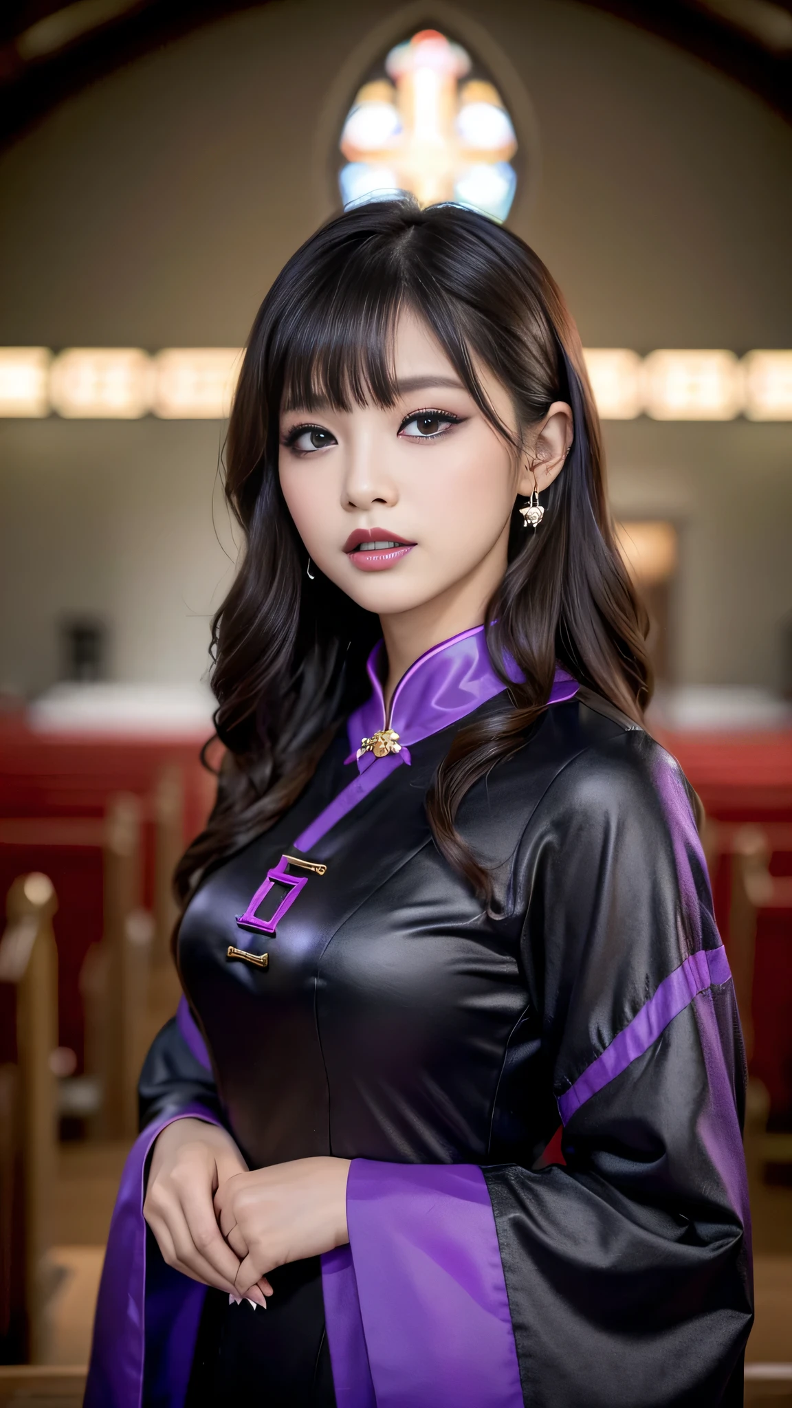 tra-detailed、Japanese、Attractive beauty、seductive adult woman、Pretty Woman、cool girl、brown hair、wavy hair、swept bangs、piercing eyes、hollow eyes、half-closed eyes、Hollow Eyes、Purple Eyeshadow、black lipstick、black lip gloss、dark makeup、smirk、Whisper in my ear、Evil expression、Long Black Cheongsam、Black wide sleeves、Evil cadres、Fallen into evil、brainwash、mind control、evil、Church at night、Swear allegiance、Have lipstick、Are standing