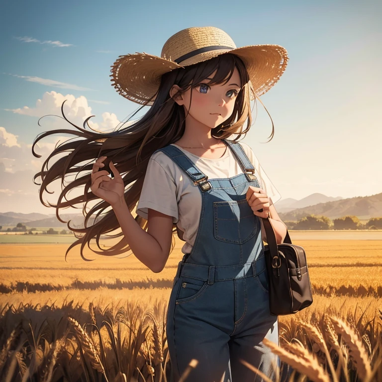 A duckling dressed in a farmer's outfit, surrounded by vast fields of wheat, in a realistic image.
A small, adorable duckling is depicted wearing a farmer's attire with a checked shirt, overalls, and a straw hat on its head. Its tiny feet peek out from beneath the overalls, and its round, innocent eyes sparkle with curiosity. The vast fields of wheat stretch out in every direction, creating a picturesque scene that seems to go on forever. The sunlight filters through the golden wheat stalks, casting long, dramatic shadows on the ground. In this realistic image, the attention to detail is evident in the textured fabric of the duckling's outfit, the intricately
