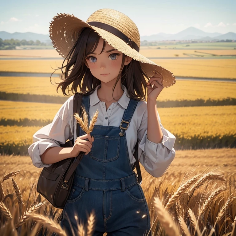 A duckling dressed in a farmer's outfit, surrounded by vast fields of wheat, in a realistic image.

A small, adorable duckling is depicted wearing a farmer's attire with a checked shirt, overalls, and a straw hat on its head. Its tiny feet peek out from beneath the overalls, and its round, innocent eyes sparkle with curiosity. The vast fields of wheat stretch out in every direction, creating a picturesque scene that seems to go on forever. The sunlight filters through the golden wheat stalks, casting long, dramatic shadows on the ground. In this realistic image, the attention to detail is evident in the textured fabric of the duckling's outfit, the intricately