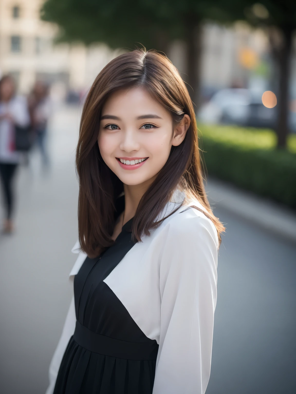 ((Best quality, 8k, Masterpiece :1.3)), 1girl, smiling, full body, slim face, Pretty woman, (Dark brown hair), full length dress :1.1, Ultra-detailed face, Detailed eyes, Double eyelid, blur background, slim face, city, outside, street, Random body direction, full body shot, Shooting from a long distance,