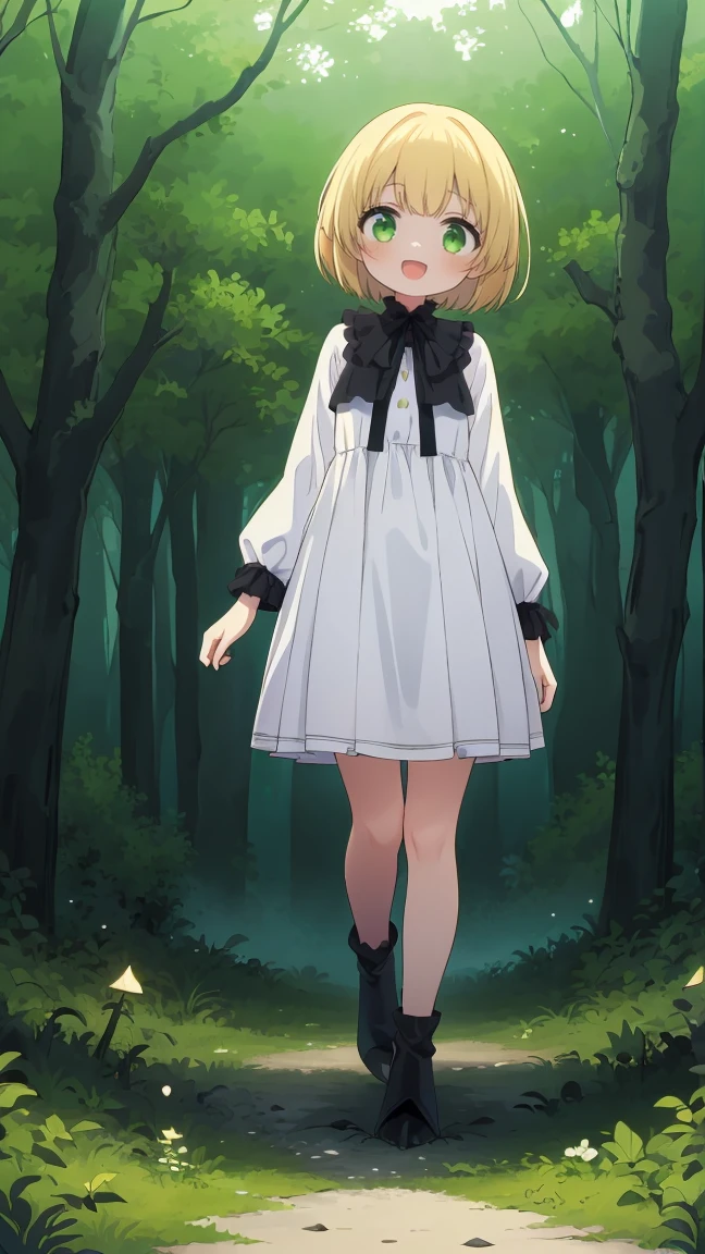 (highest quality), 1 Girl, :d, Head tilt,((Eerie Dark Forest:1.6)),(((Full Body:1.3))),(((((Cute clothes))))),Short Hair,Blonde,Green Eyes,Walking through a dark forest,It's a very scary forest,white long dress,