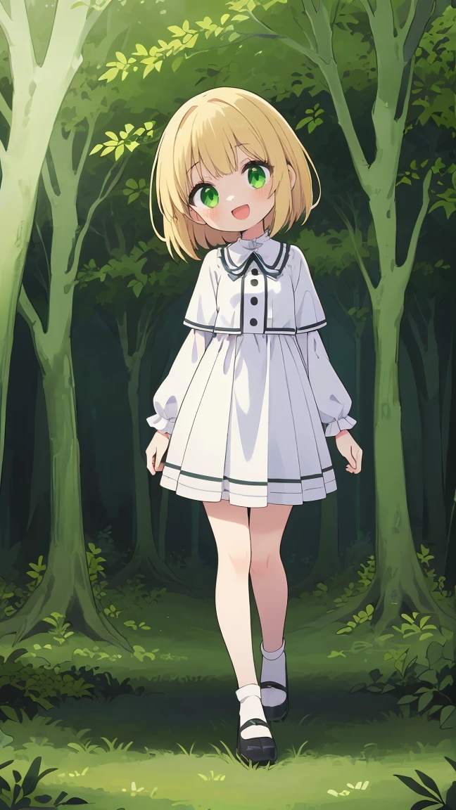 (highest quality), 1 Girl, :d, Head tilt,((Eerie Dark Forest:1.6)),(((Full Body:1.3))),(((((Cute clothes))))),Short Hair,Blonde,Green Eyes,Walking through a dark forest,It's a very scary forest,white long dress,