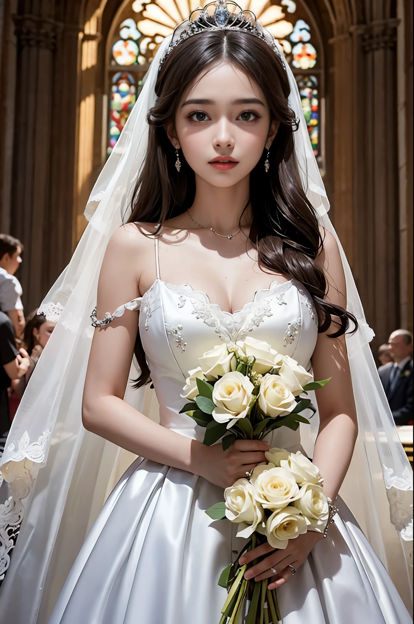 best quality, masterpiece, 1 girl, huge laugh, cute teen, shiny lips, sweet, sun glare, Conservative attire, wedding dress, Bridal tiara, depth of field, blurred background, Cathedral Background, light particles, strong wind, long hair, head tilt