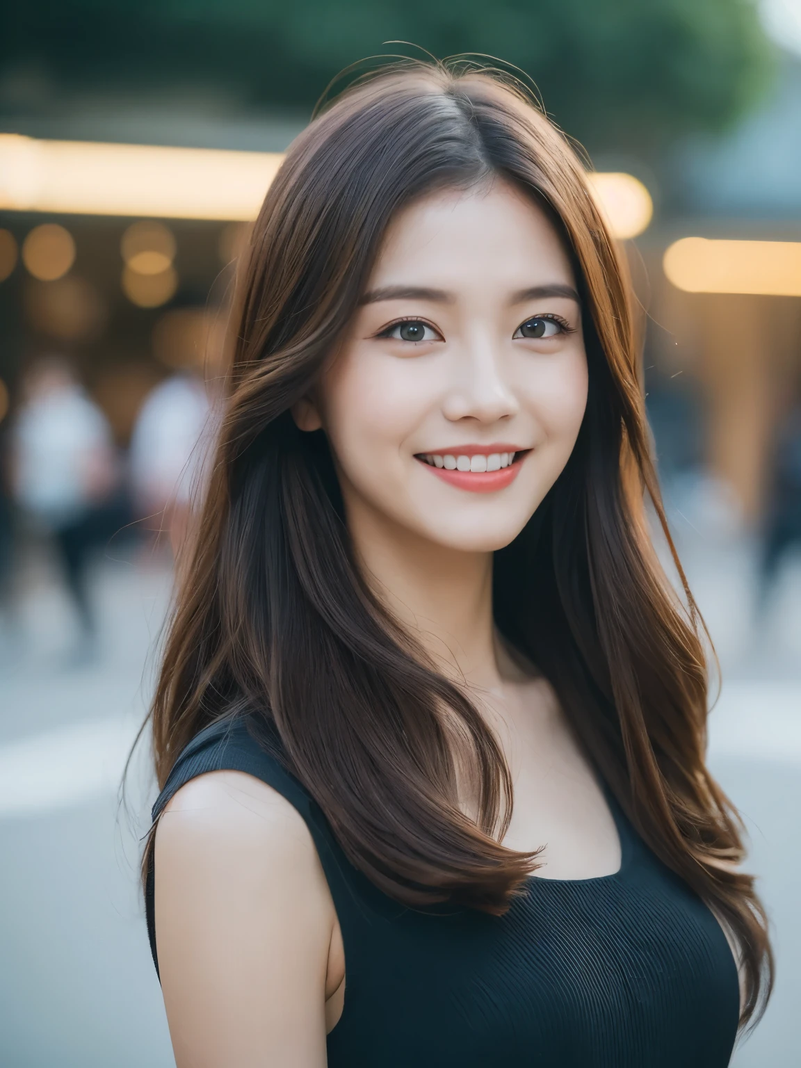 ((Best quality, 8k, Masterpiece :1.3)), 1girl, smiling, full body, slim face, Pretty woman, (Dark brown hair), full length dress :1.1, Ultra-detailed face, Detailed eyes, Double eyelid, blur background, slim face, city, outside, street, Random body direction, full body shot, Shooting from a long distance,