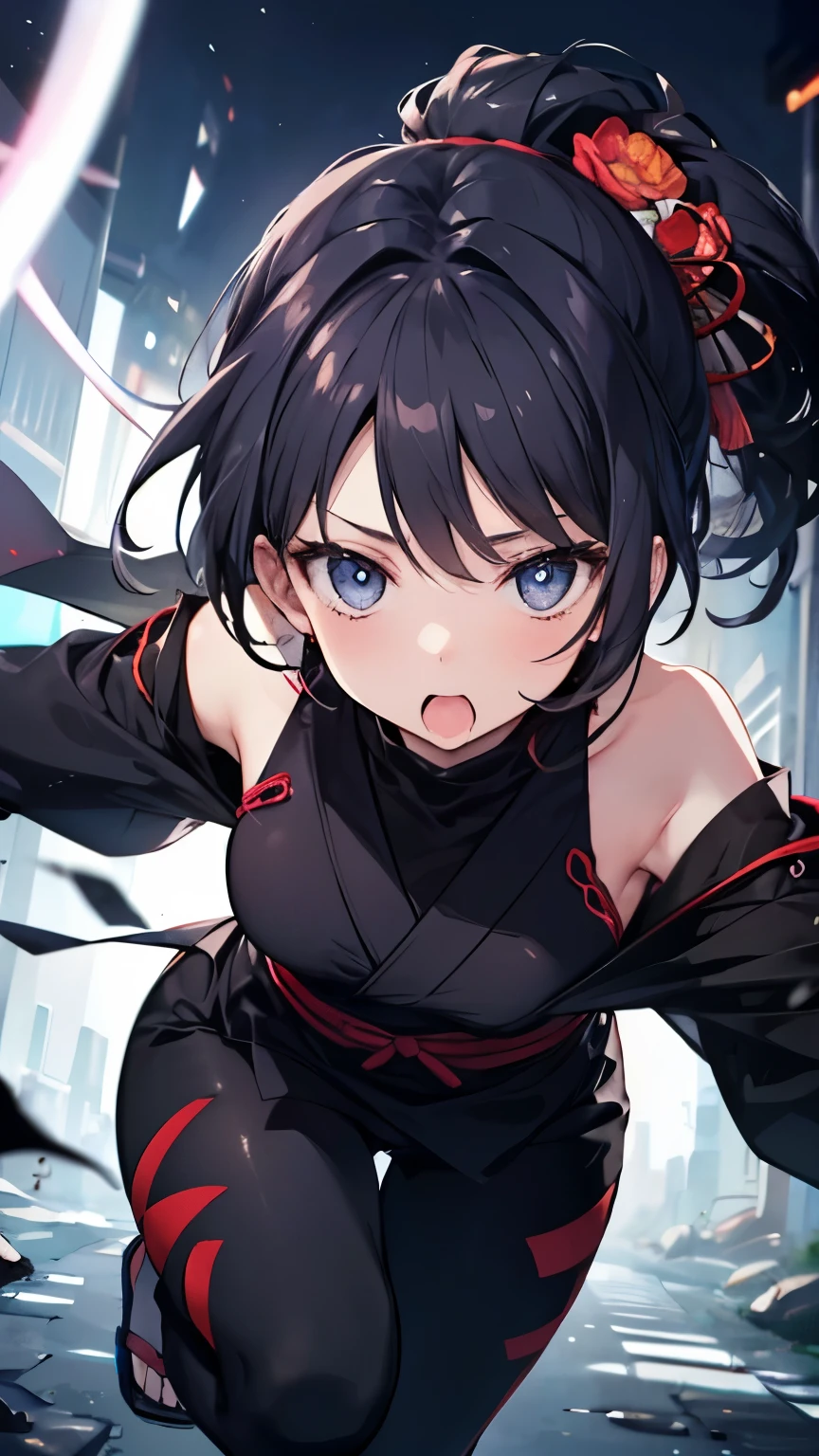 (((Best quality, 8k, Masterpiece: 1.3)), ((best quality)), ((masterpiece)), (detailed), perfect face, black hair, side ponytail, mouth veil, (ninja), female ninja, grim expression, holding a Japanese sword, running in the dark night, ninja costume