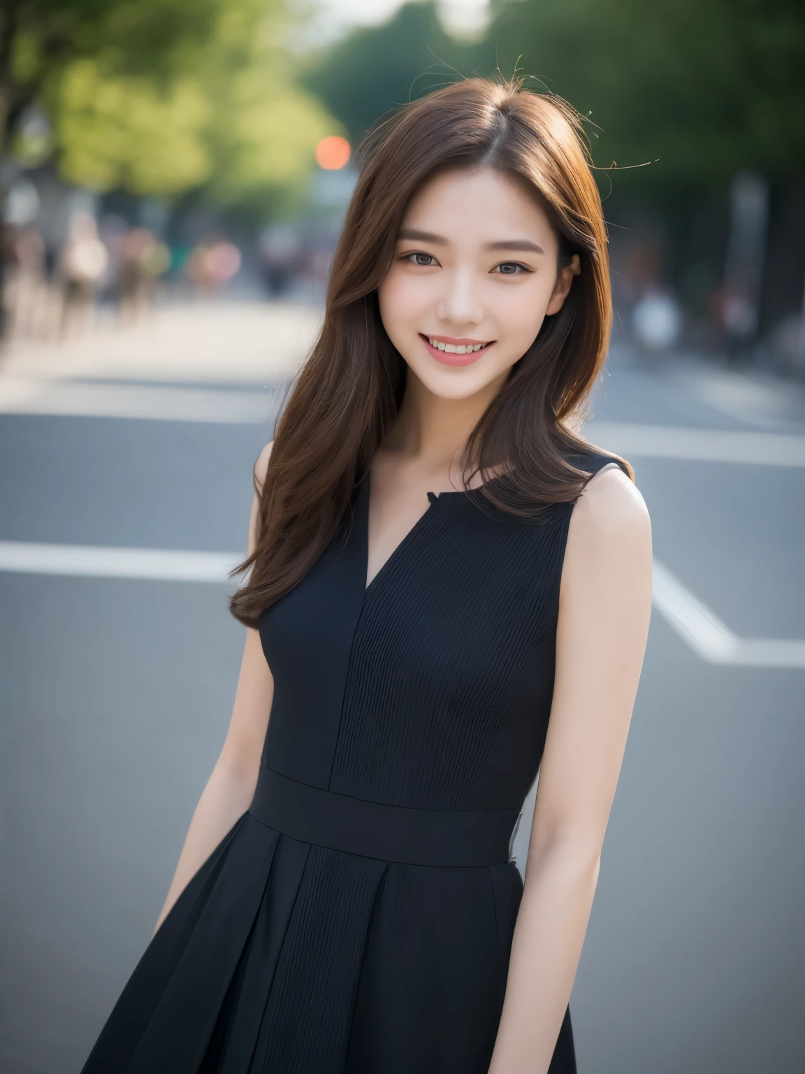 ((Best quality, 8k, Masterpiece :1.3)), 1girl, smiling, full body, slim face, Pretty woman, (Dark brown hair), full length dress :1.1, Ultra-detailed face, Detailed eyes, Double eyelid, blur background, slim face, city, outside, street, Random body direction, full body shot, Shooting from a long distance,