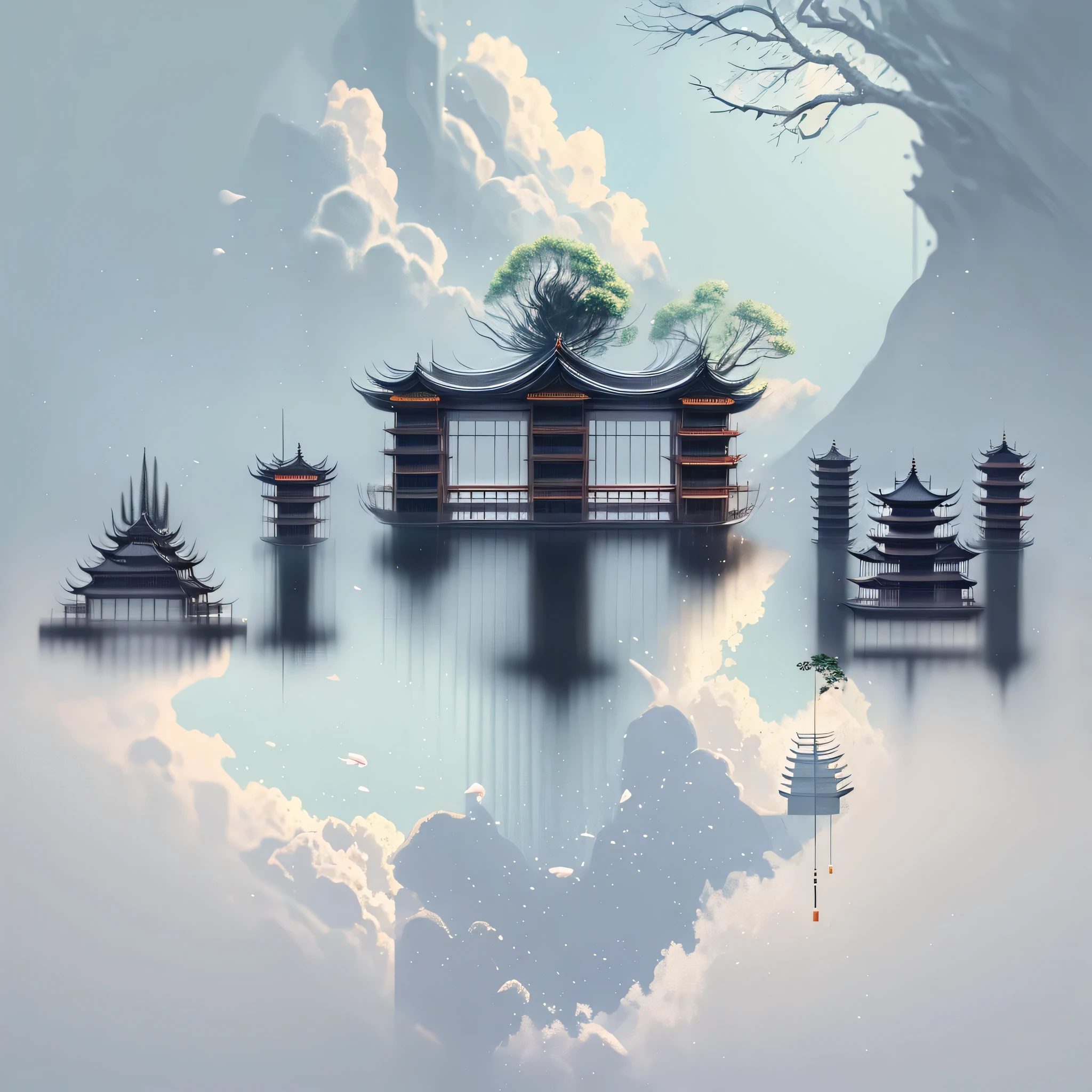 (Depth of field effect) (Ancient Chinese architectures on an isolated island), (tower, architecture) (pavilion,Miscellaneous trees, cloud, Green Trees, maple, mangrove, small stone, birdie), Chinese watercolor style, (Chinese painting style), Chinese landscape,Chinese traditional watercolor painting,Chinese painting,Watercolor 8K, (reflection), clear boundaries between light and shadow, light and shadow, light and shadow effect, masterpiece,Super Detail, epic work, Ultra HD, high quality, Very detailed, Official Art, Unity 8K Wallpaper, Super Detail,Chiaroscuro.