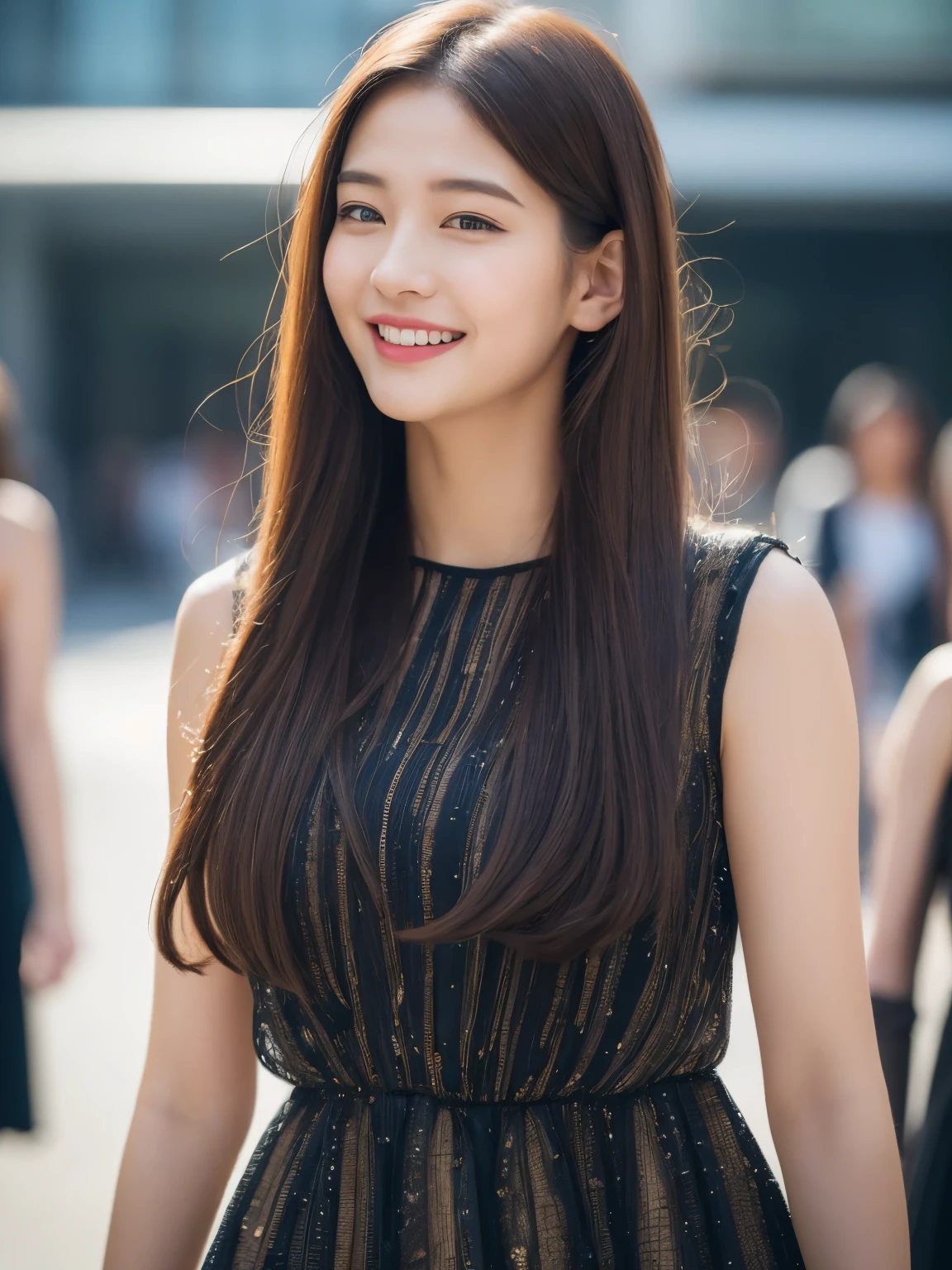 ((Best quality, 8k, Masterpiece :1.3)), 1girl, smiling, full body, slim face, Pretty woman, (Dark brown hair), full length dress :1.1, Ultra-detailed face, Detailed eyes, Double eyelid, blur background, slim face, city, outside, street, Random body direction, full body shot, Shooting from a long distance,