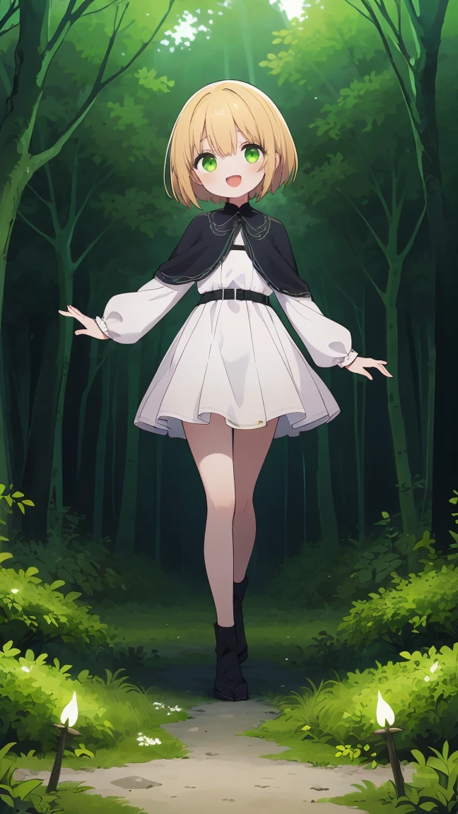 (highest quality), 1 Girl, :d, Head tilt,((Eerie Dark Forest:1.6)),(((Full Body:1.3))),(((((Cute clothes))))),Short Hair,Blonde,Green Eyes,Walking through a dark forest,It's a very scary forest,white long dress,