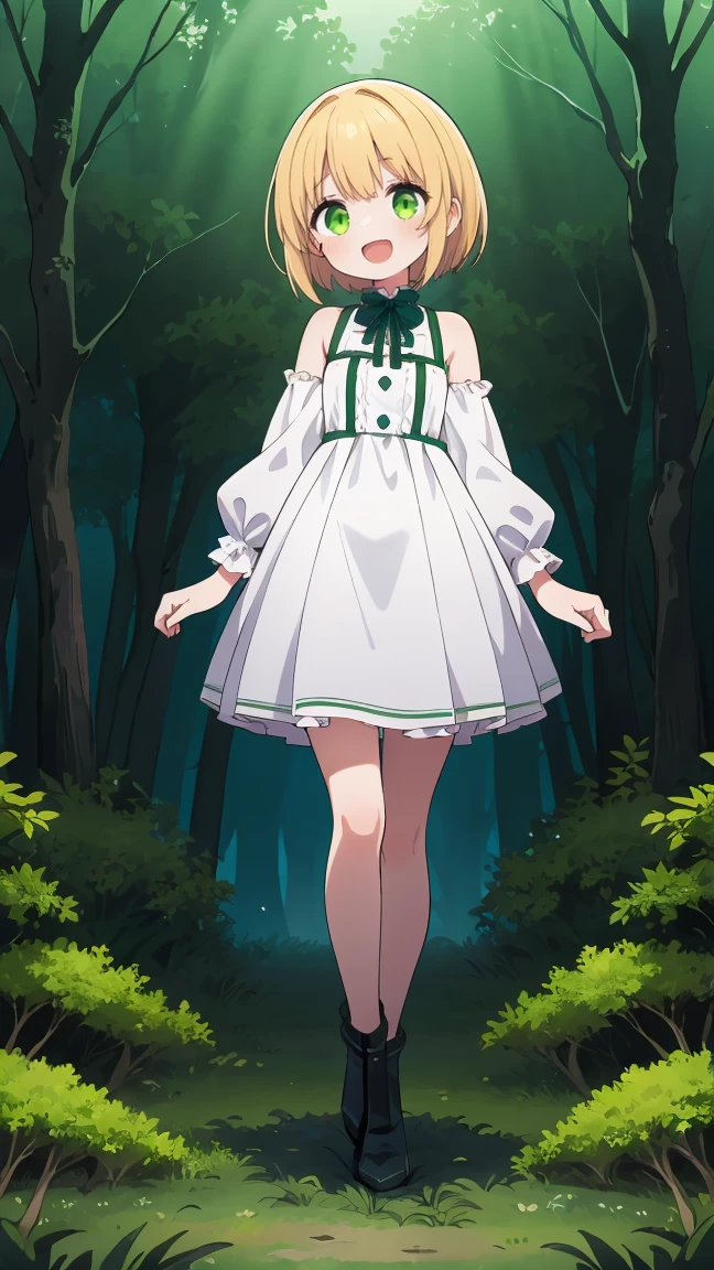 (highest quality), 1 Girl, :d, Head tilt,((Eerie Dark Forest:1.6)),(((Full Body:1.3))),(((((Cute clothes))))),Short Hair,Blonde,Green Eyes,Walking through a dark forest,It's a very scary forest,white long dress,