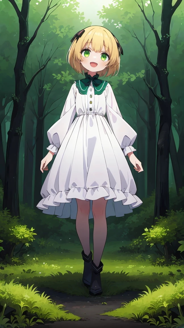 (highest quality), 1 Girl, :d, Head tilt,((Eerie Dark Forest:1.6)),(((Full Body:1.3))),(((((Cute clothes))))),Short Hair,Blonde,Green Eyes,Walking through a dark forest,It's a very scary forest,white long dress,